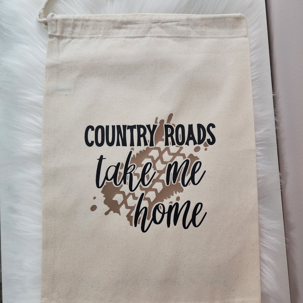 Tote Country Roads "Take Me Home" Canvas Drawstring Bag  Neutral Script Handmade